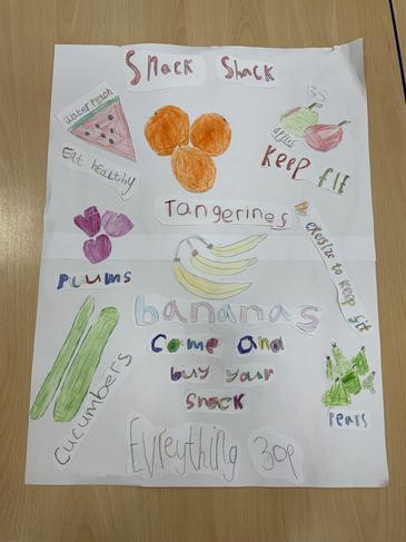 We created posters to promote 'Snack Shack' Each day pupils can buy fruit snack for 30p when they come into school!